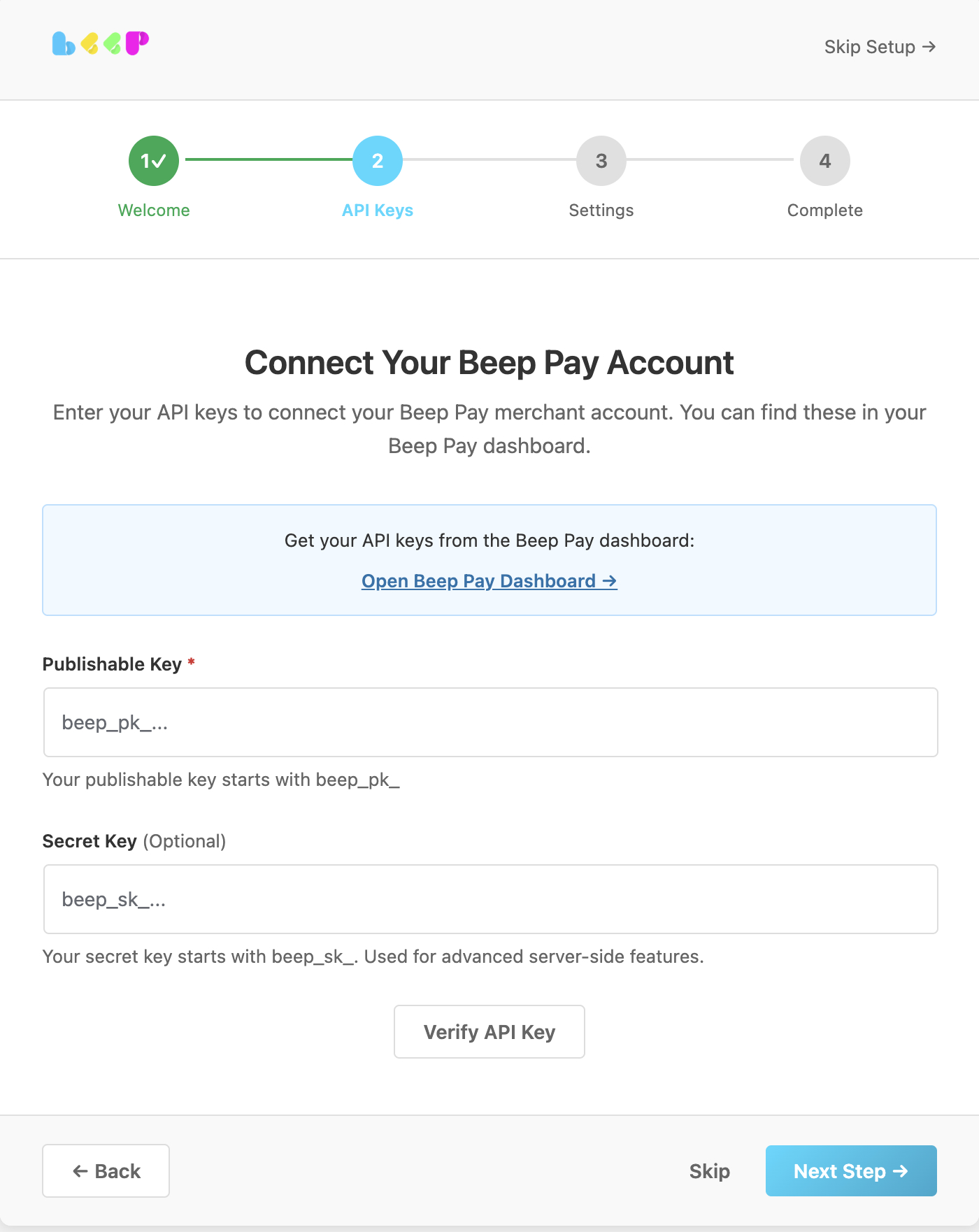 Step 2: Enter Beep's API key